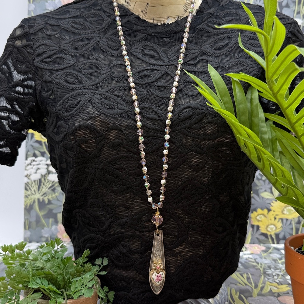 👑Adorned Crown Jewelry assemblage pink cloisonné crystal bead spoon necklace